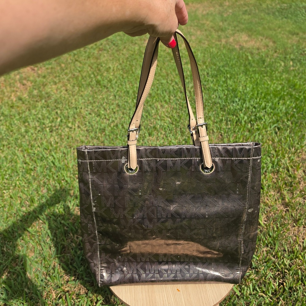 Michael Kors Metallic Pewter MK Monogram PVC Tote Bag Tan Leather Straps